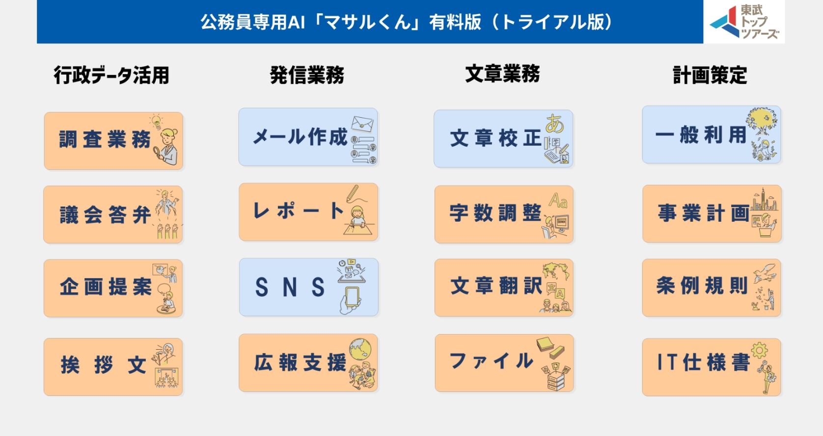 公務員専用AI マサルくんの業務メニュー画面